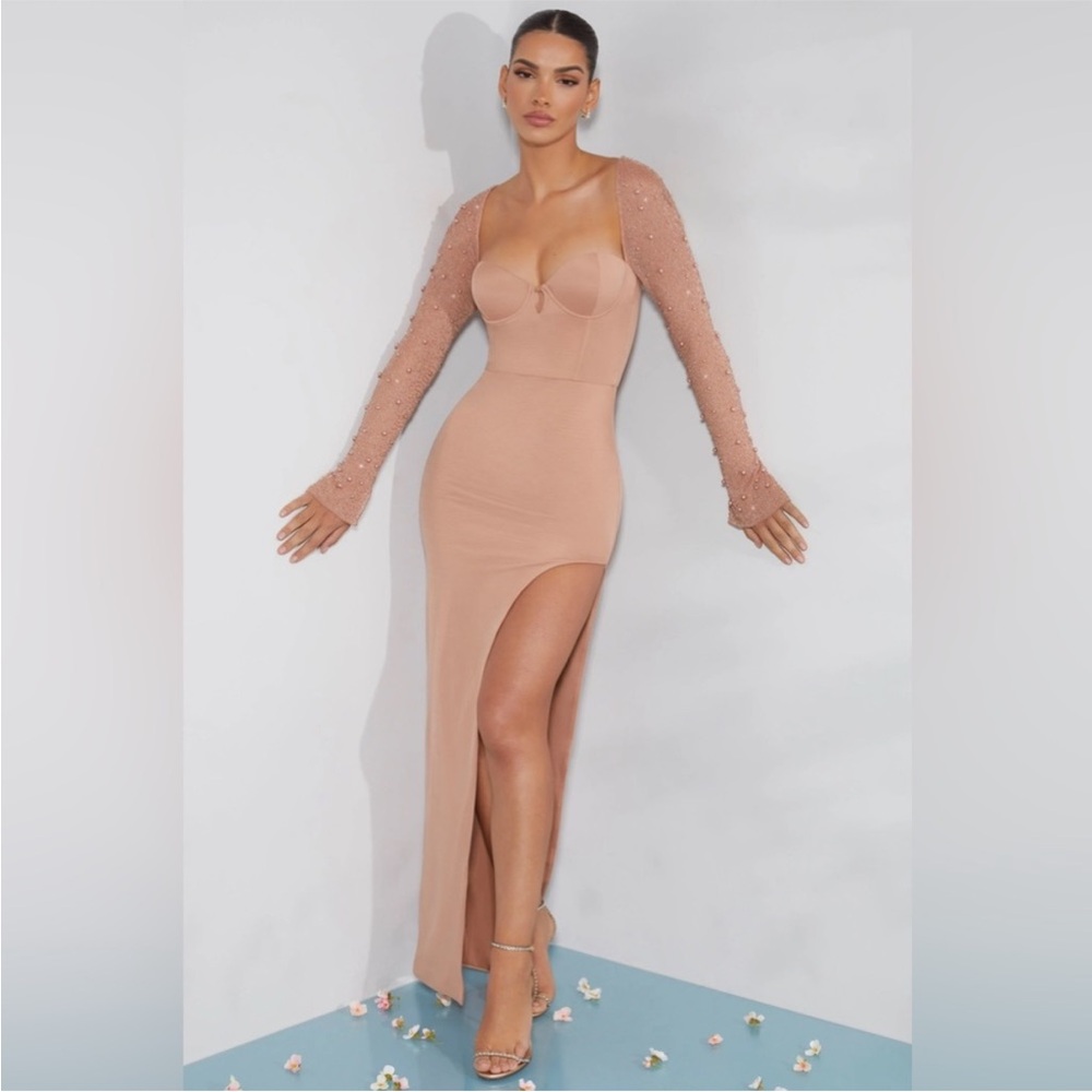 OhPolly Embellished Side Split Gown in Beige